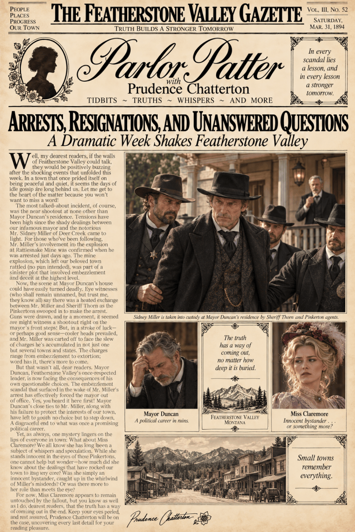 A Near Shootout, An Arrest, and a Fallen Mayor: Featherstone Valley’s Most Scandalous Week Yet! (#22 ~ Parlor&nbsp;Patter)
